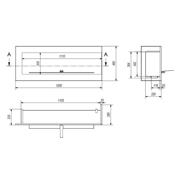 Rohový bio krb 120 cm (pravý)