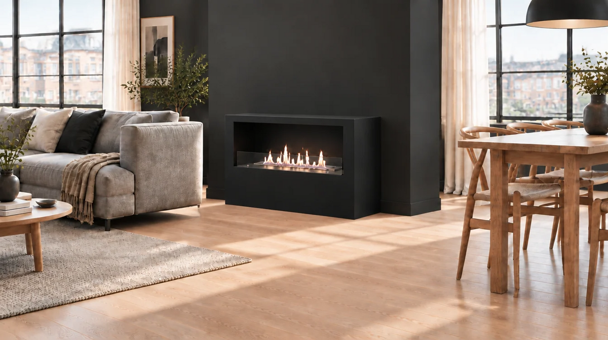 Black one-sided bioethanol fireplace against a wall, used as a room divider between living and dining areas in a bright loft apartment