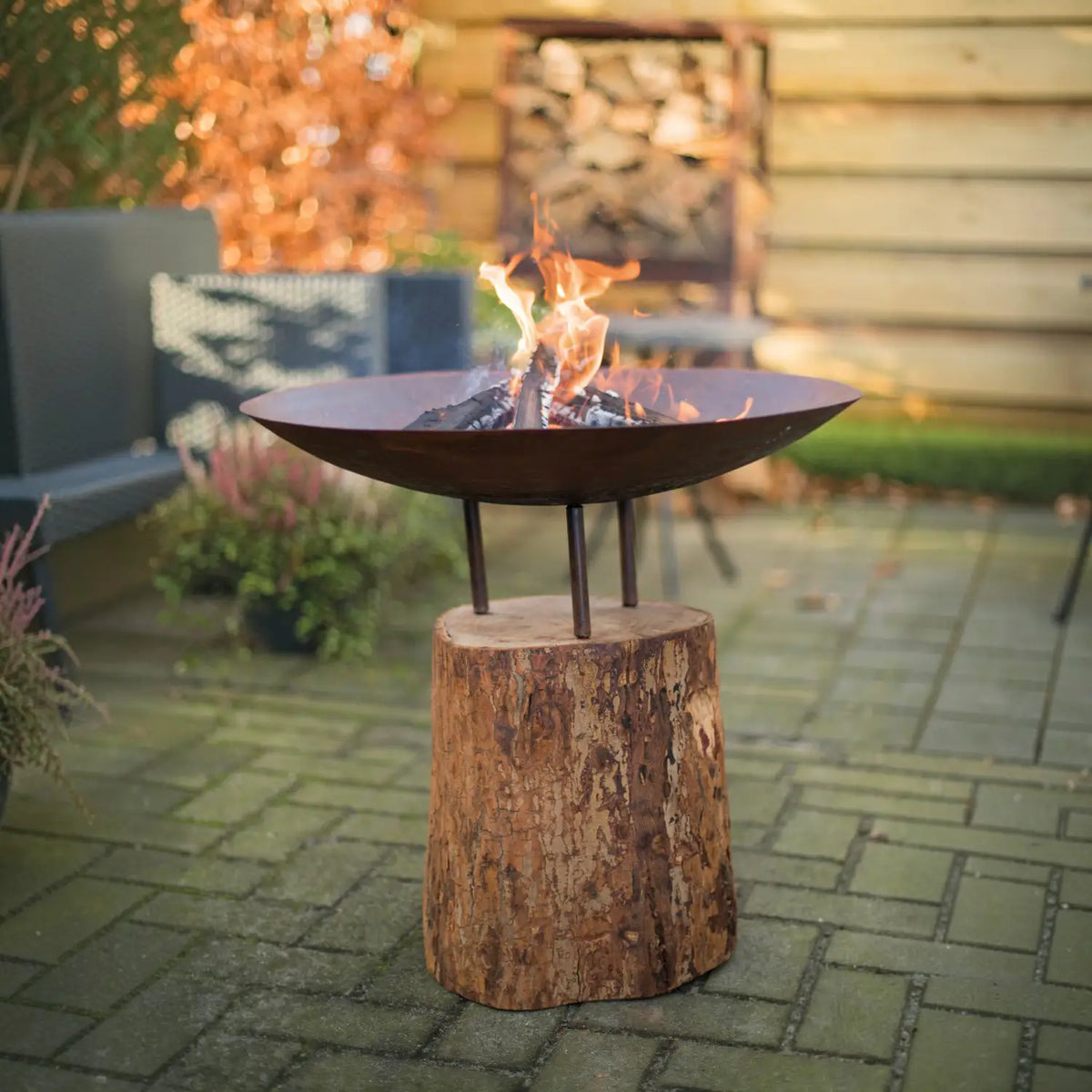 Corten Steel Firepit on a Wooden Base