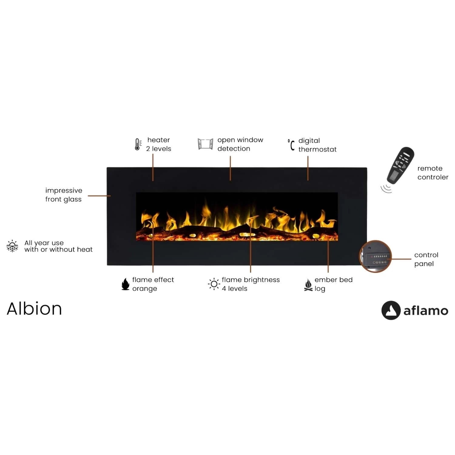 Albion 110 cm - nástěnný elektrický krb