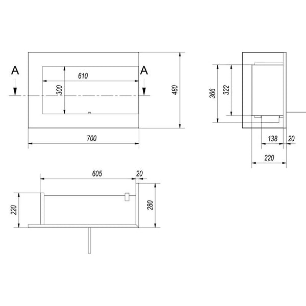 Rohový bio krb 70 cm (pravý)