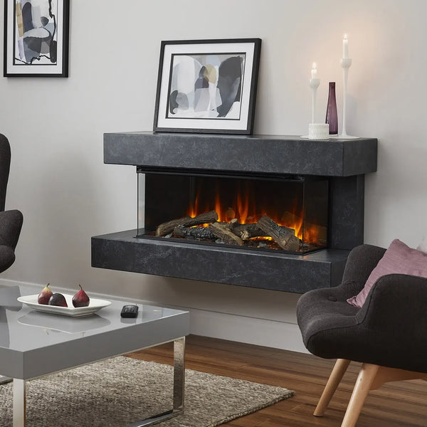 Winchester 1600 Grey Marble wall-mounted electric fireplace suite with mantel and wide three-sided flame view