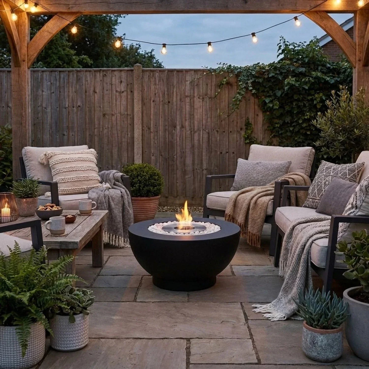 ScandiFlames Circula black bioethanol fire pit lit at dusk in a cozy outdoor lounge with string lights