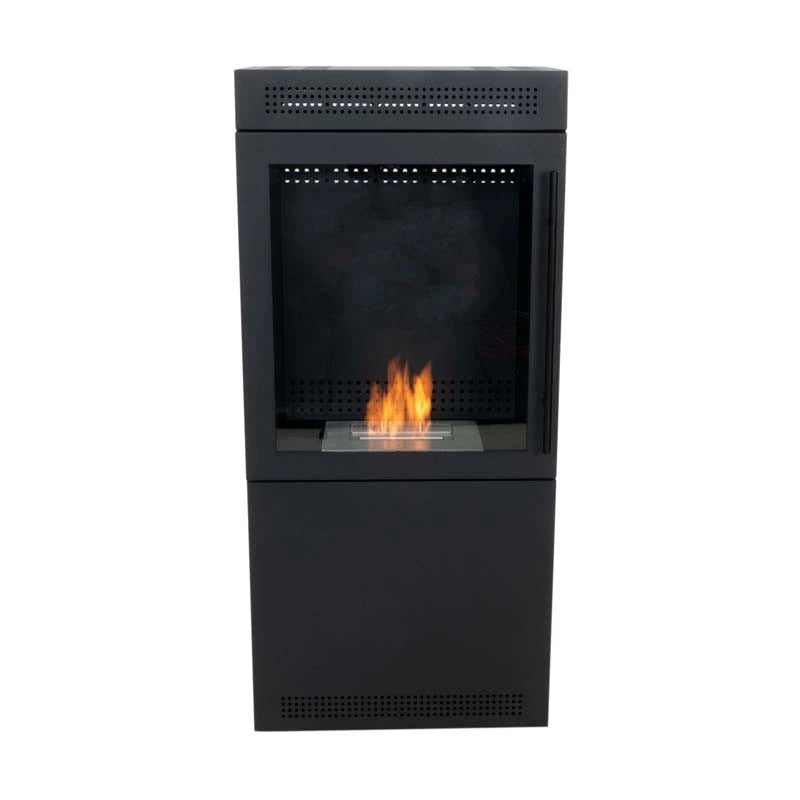 ScandiFlames Jackson black bioethanol wood stove, lit flame, studio view