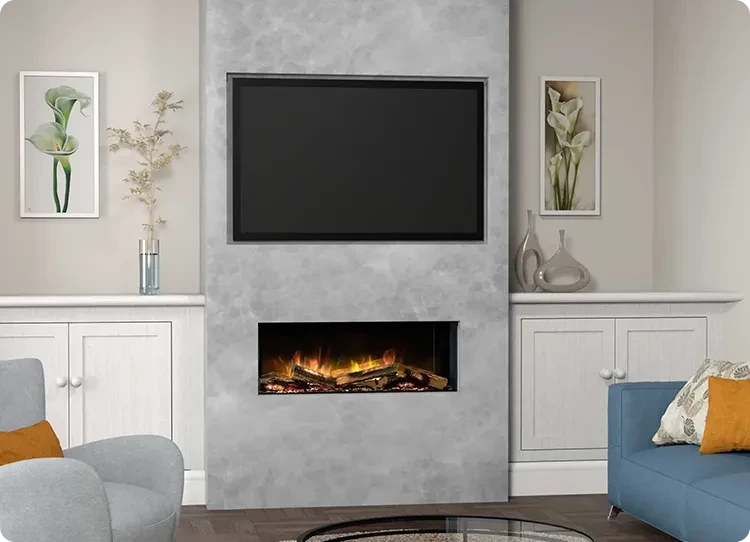 Mediální stěna s TV a elektrickým krbem od flamerite