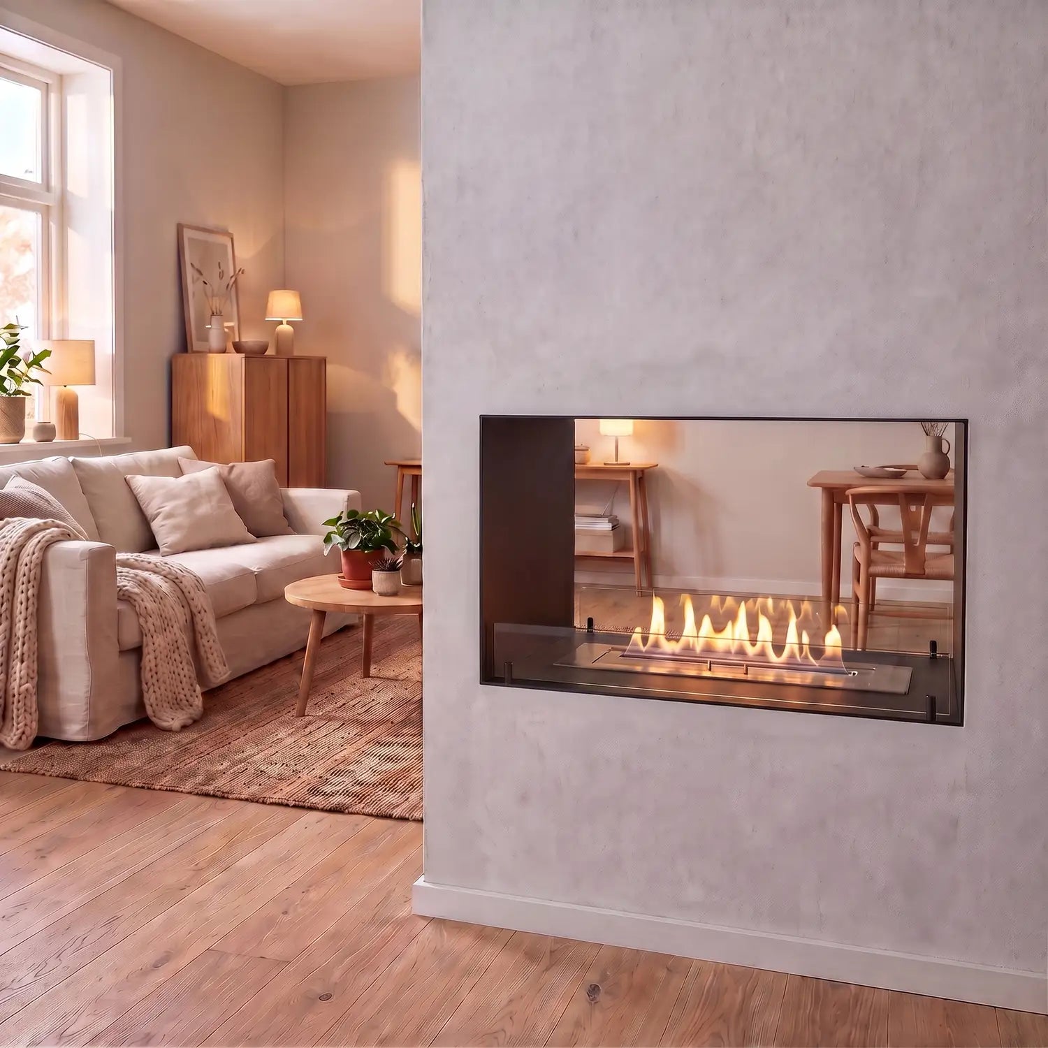 Foco Two 1000 double-sided bioethanol fireplace built flush into a partition wall, glowing with a lit flame in a cozy Scandinavian living room