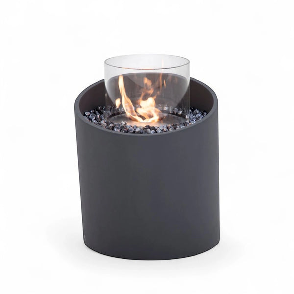 TORRE bioethanol fireplace M – black fiber concrete column with glass and blue stones