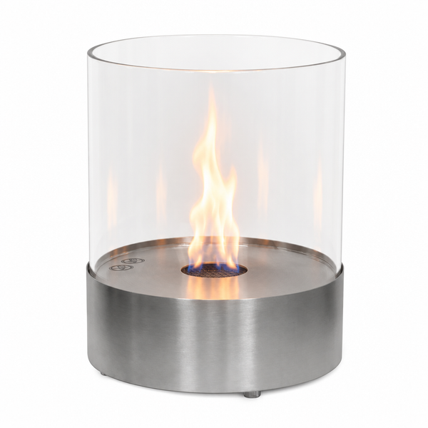 Southwark round tabletop bioethanol fireplace in steel, lit realistic flame, studio view