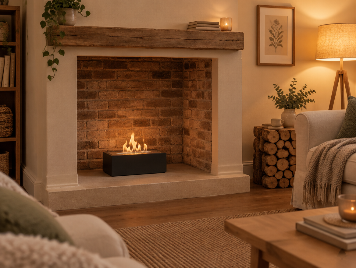 Bio Grate 30.5 cm bioethanol insert, small and low, naturally fitted inside a traditional fireplace, lit flame, warm evening living room setting