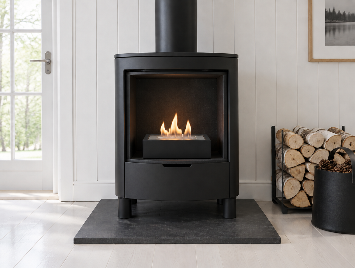Bio Grate 30.5 cm bioethanol insert fitted flat inside a modern black wood-burning stove with the door removed, modest lit flame, minimalist Scandinavian living room