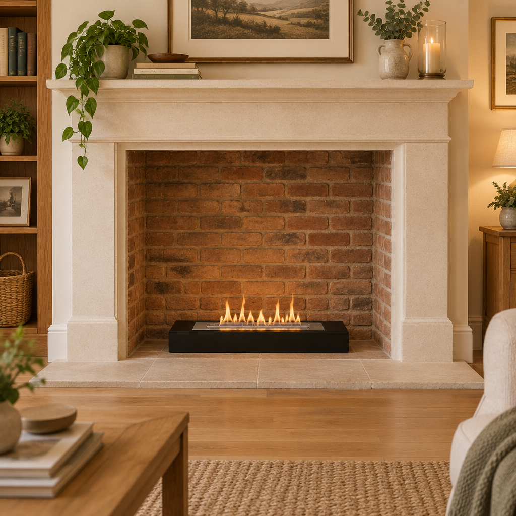 Freestanding bioethanol burner insert, 57.4 cm wide, retrofitted into a traditional brick fireplace opening with a lit flame