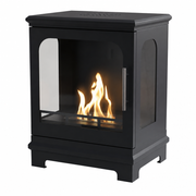 ScandiFlames Honolulu black bioethanol stove with lit flame, angled studio view