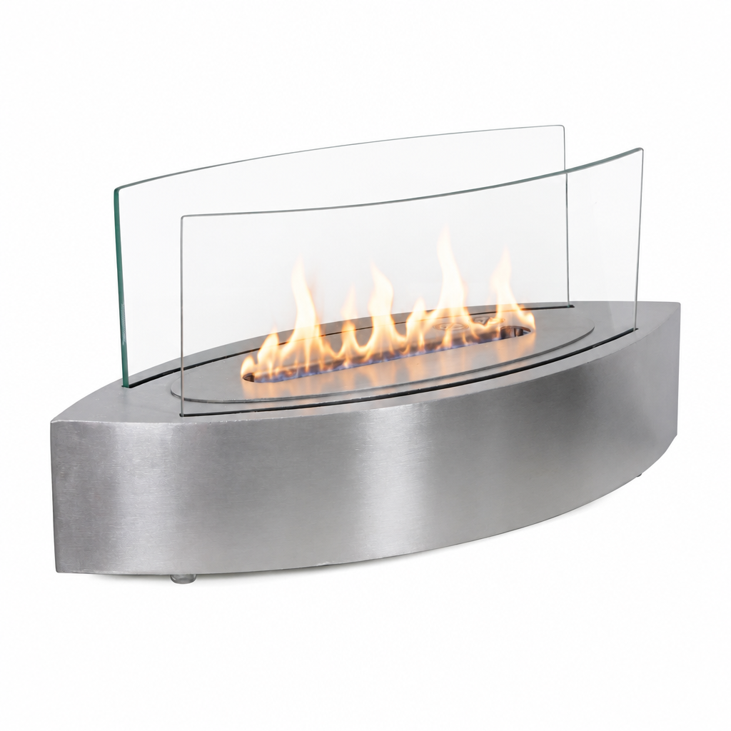 ScandiFlames oval steel tabletop bioethanol fireplace with a lit natural flame, angled studio view