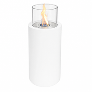 ScandiFlames Dualis White bioethanol fireplace studio hero shot with a realistic lit ethanol flame on a white background