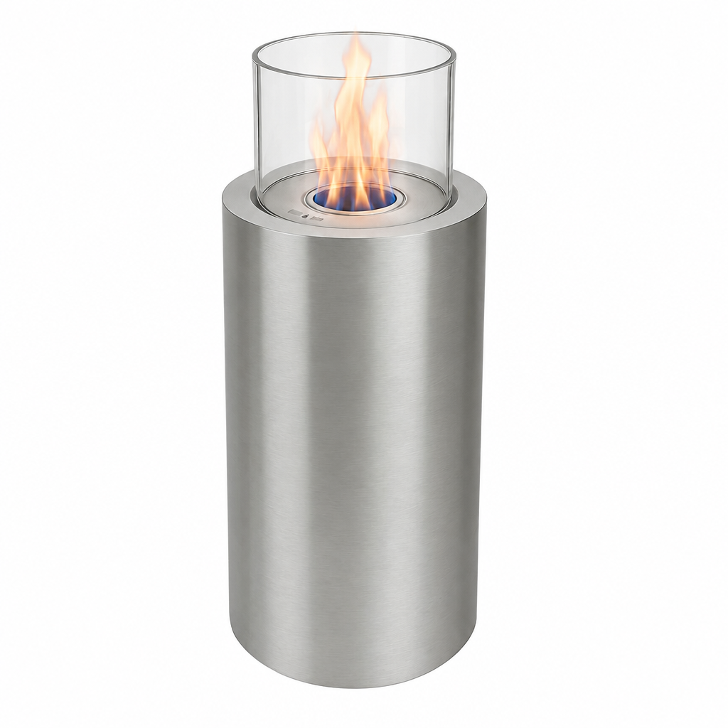 ScandiFlames Dualis Brushed Steel bioethanol fireplace studio hero shot with a realistic lit ethanol flame on a white background