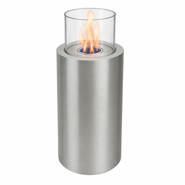 ScandiFlames Dualis Brushed Steel bioethanol fireplace studio hero shot with a realistic lit ethanol flame on a white background
