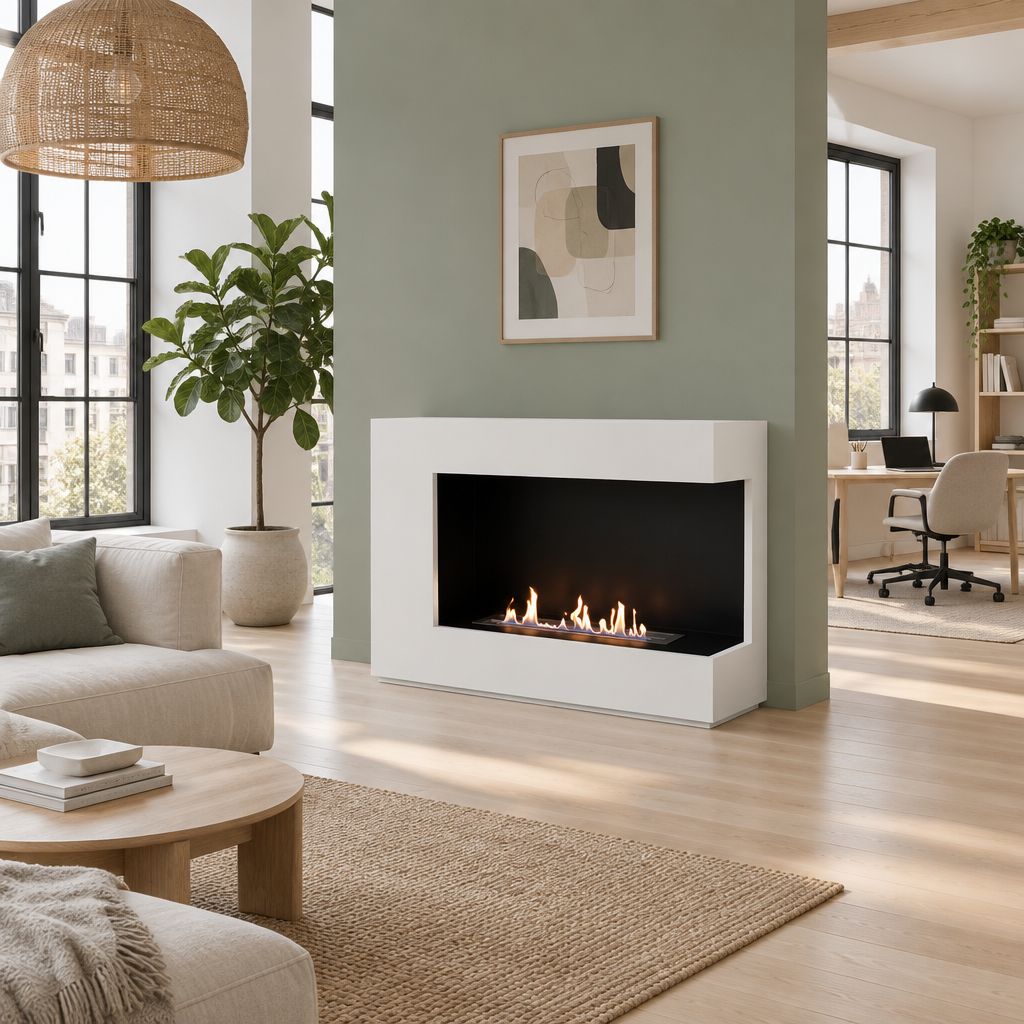 ScandiFlames Seattle white freestanding bioethanol fireplace as a room divider in a bright loft-style living room with sage-green walls