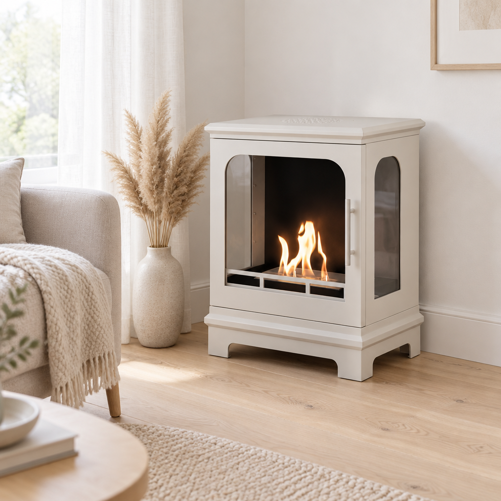 ScandiFlames Honolulu oyster white bioethanol stove in a bright minimalist Scandinavian living room corner