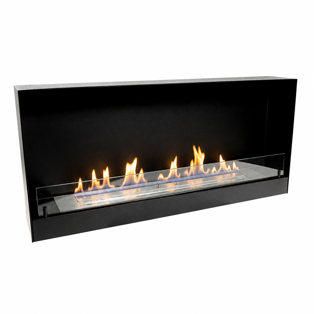 140cm black built-in bioethanol fireplace, front view with lit flame