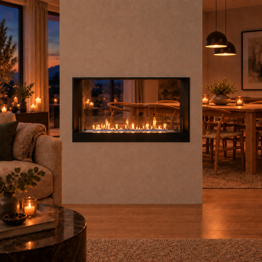 Double-sided built-in bioethanol fireplace installed as a room divider between a living room and dining area, shown in a straight-on front-facing view with organic, realistic low ethanol flame