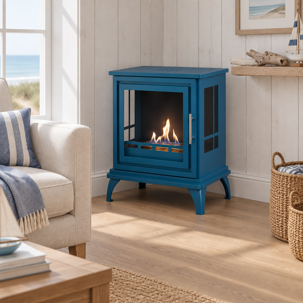 ScandiFlames Nashville blue bioethanol stove standing freestanding in the corner of a coastal-inspired living room with whitewashed panelling and an ocean view