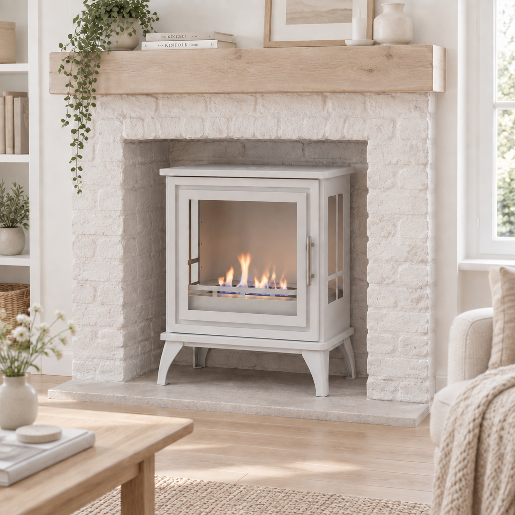 Nashville White bioethanol stove retrofitted into a whitewashed brick fireplace surround