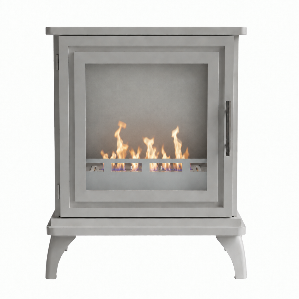 Nashville White freestanding bioethanol stove, front-facing studio shot