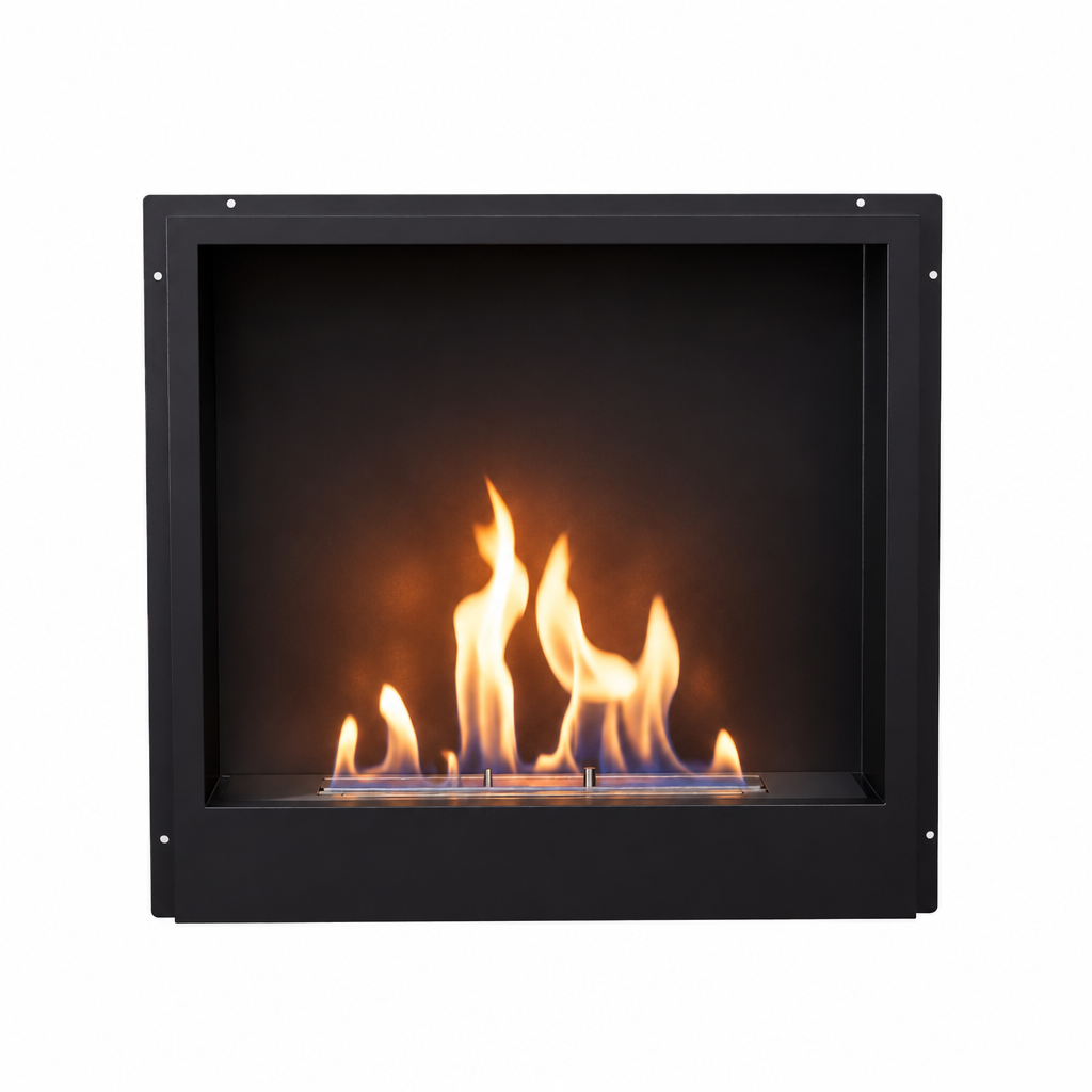 Surtur 18-inch black bioethanol fireplace insert, front-facing studio shot with lit flame