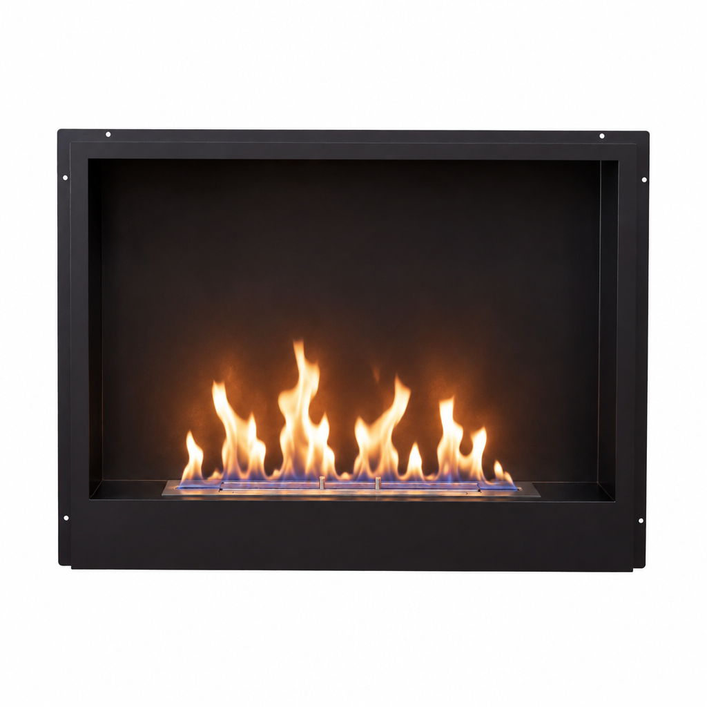 Surtur 23-inch black bioethanol fireplace insert, front-facing studio shot with lit flame