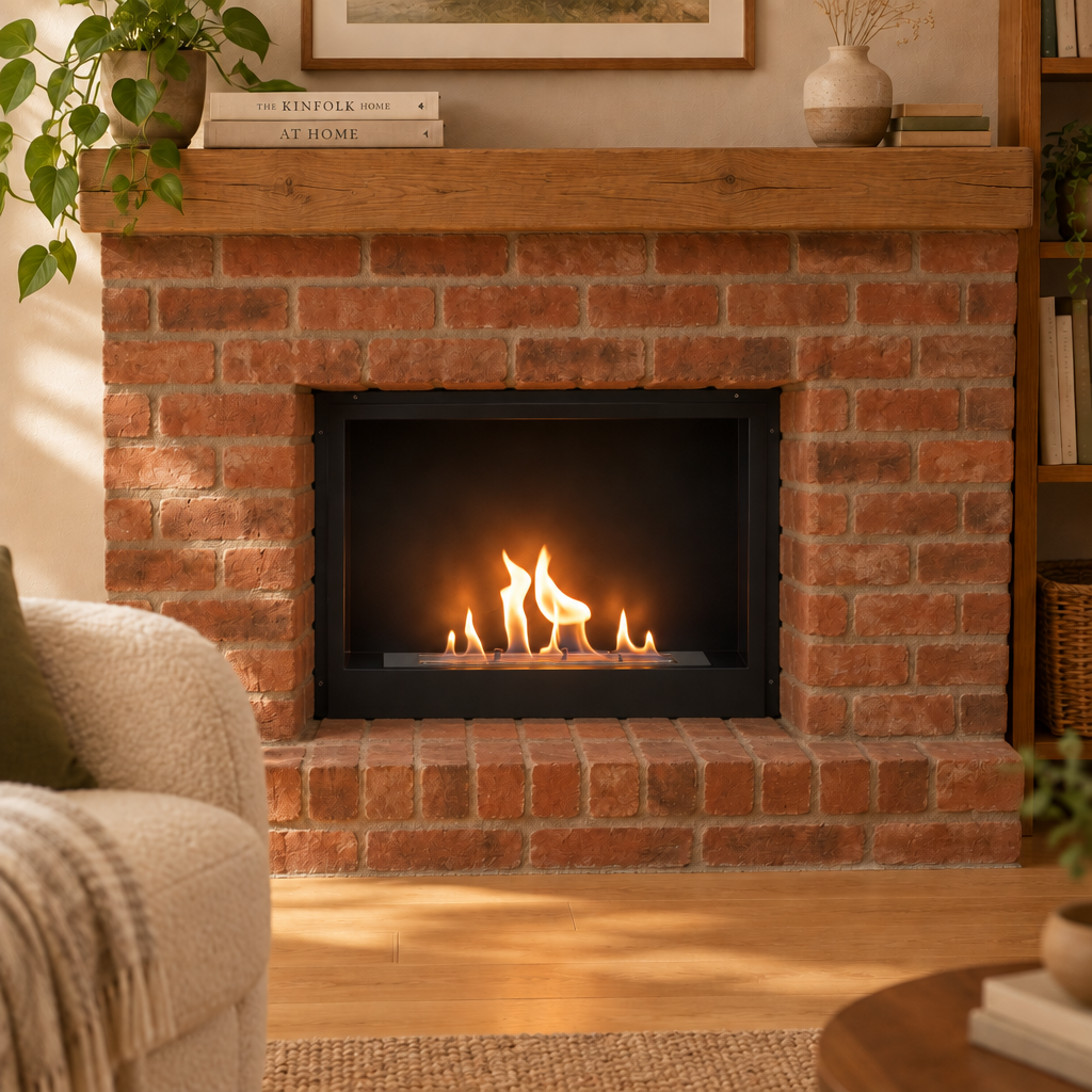 Surtur 23-inch bioethanol fireplace insert recessed into a red brick fireplace opening with a wooden mantel