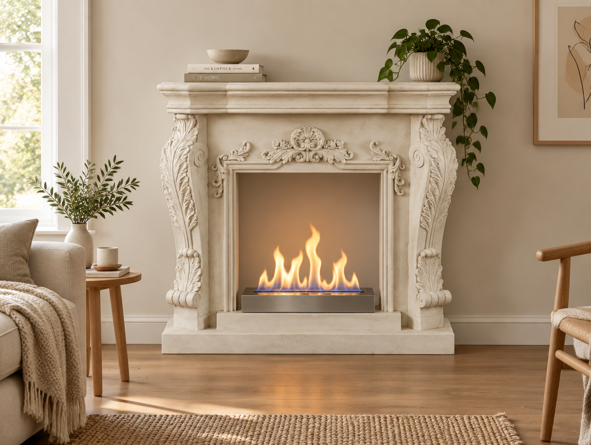 Ymir freestanding fireplace surround styled in a living room with a bioethanol insert installed and lit