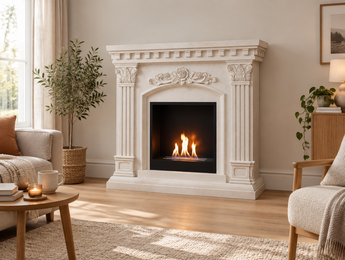 Freyr freestanding bioethanol fireplace styled in a warm, cosy living room