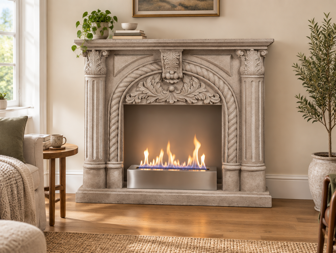 Embla freestanding fireplace surround styled in a living room with a bioethanol insert installed and lit