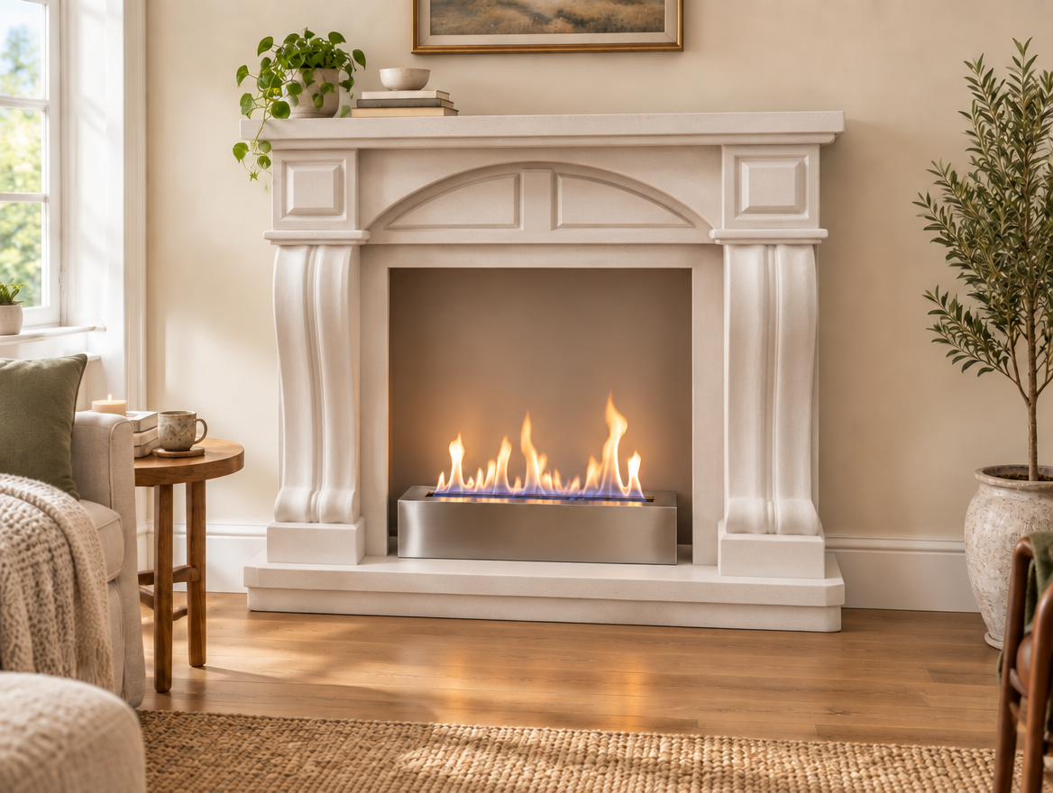 Logi freestanding fireplace surround styled in a warm living room with a bioethanol insert installed and lit