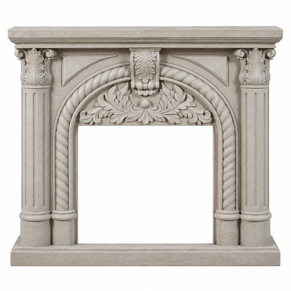 Embla freestanding polystone fireplace surround, front view, empty opening, insert sold separately