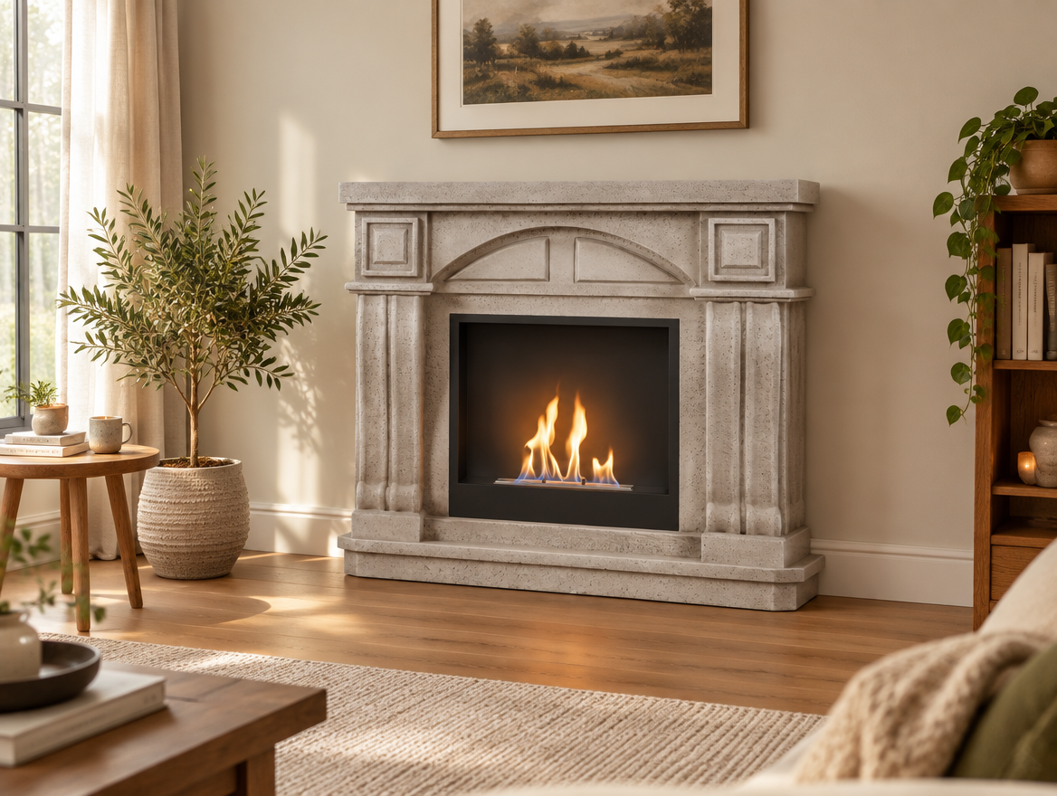 Logi freestanding bioethanol fireplace styled in a warm, cosy living room