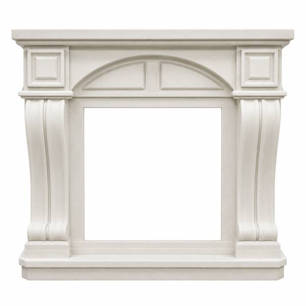 Logi freestanding polystone fireplace surround, front view, empty opening, insert sold separately