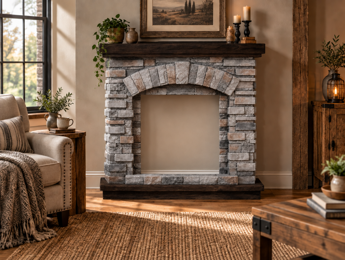 ScandiFlames Ask fireplace surround styled in a cozy rustic living room with armchair, jute rug and wood side table, opening shown empty as insert is sold separately