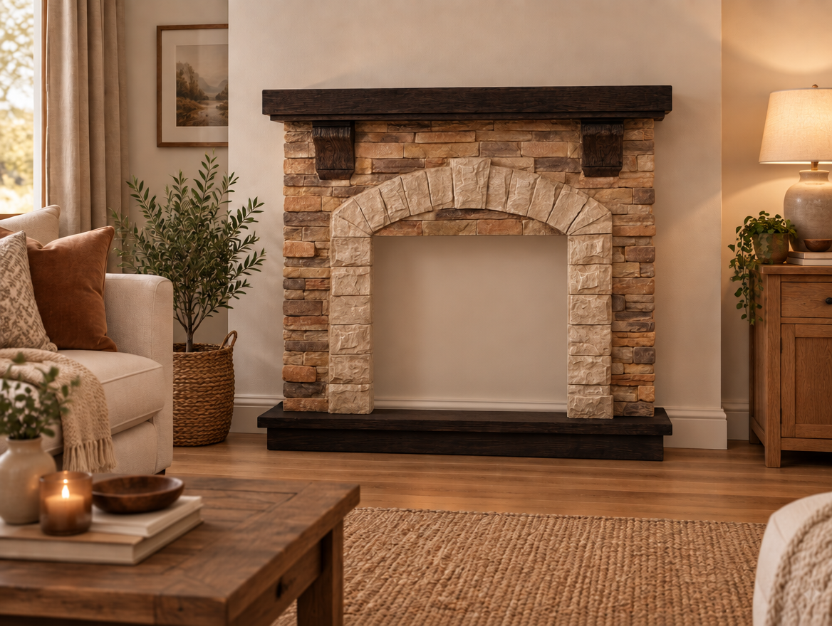 ScandiFlames Eira fireplace surround styled in a warm classic living room with sofa, coffee table and plant, opening shown empty as insert is sold separately