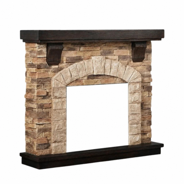 ScandiFlames Eira freestanding fireplace surround, warm brown brick-effect polystone frame, angled view, empty opening, no insert included