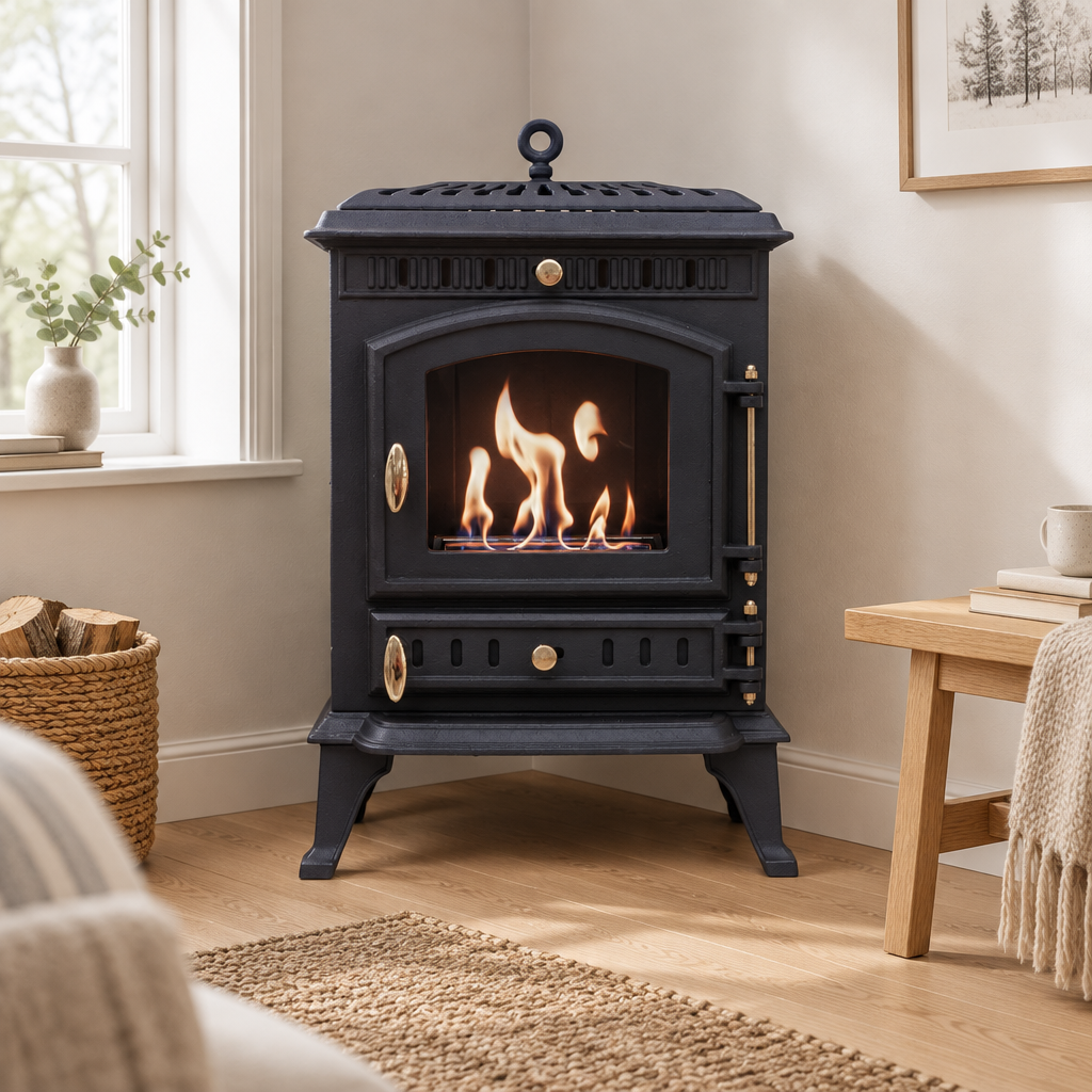 ScandiFlames Molde cast iron bioethanol stove in a Scandinavian living room corner