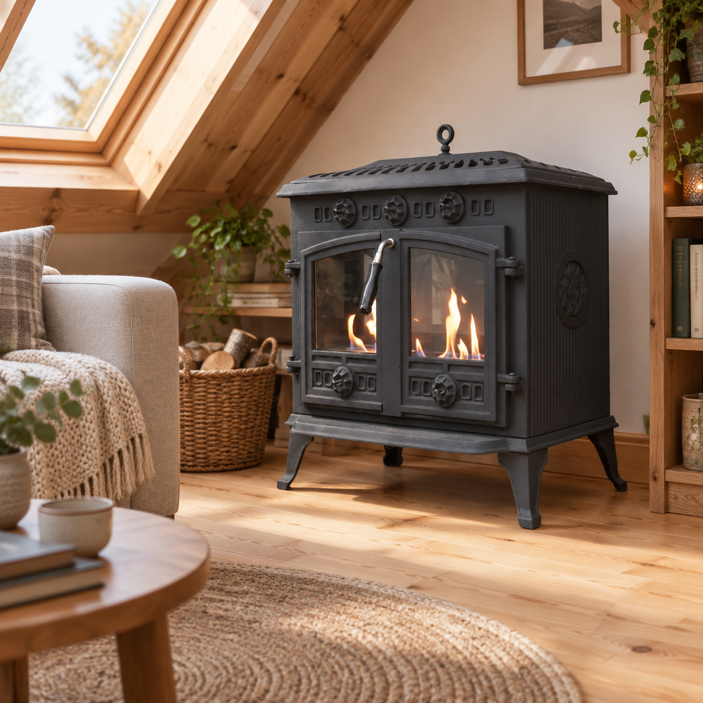 ScandiFlames Spitsbergen cast iron bioethanol stove in a cozy attic living room
