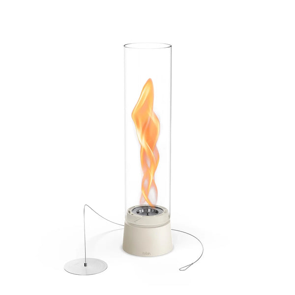 Höfats SPIN Air 900 Cream White Table Biofireplace with Tall Cylindrical Glass and rotating flames