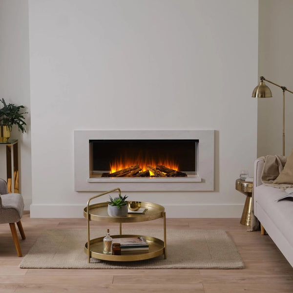 Holbury 1600 White Marble front-open built-in electric fireplace suite with painted marble-effect MDF frame and wide flame view
