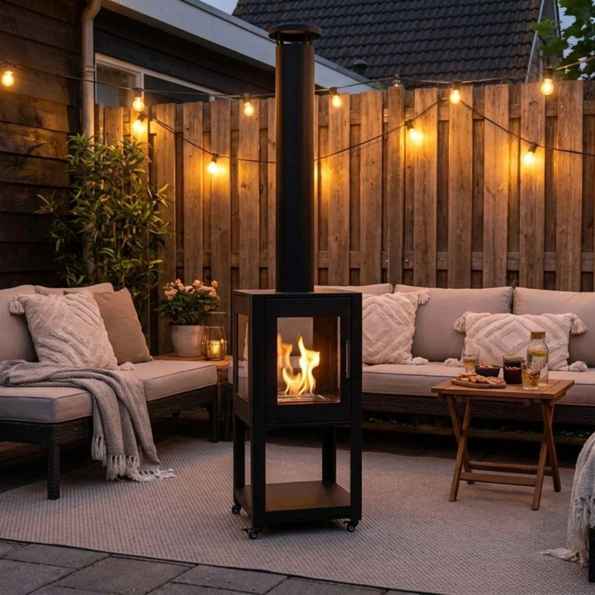 ScandiFlames Natura Garden bioethanol fireplace lit at dusk on a patio with string lights and outdoor seating