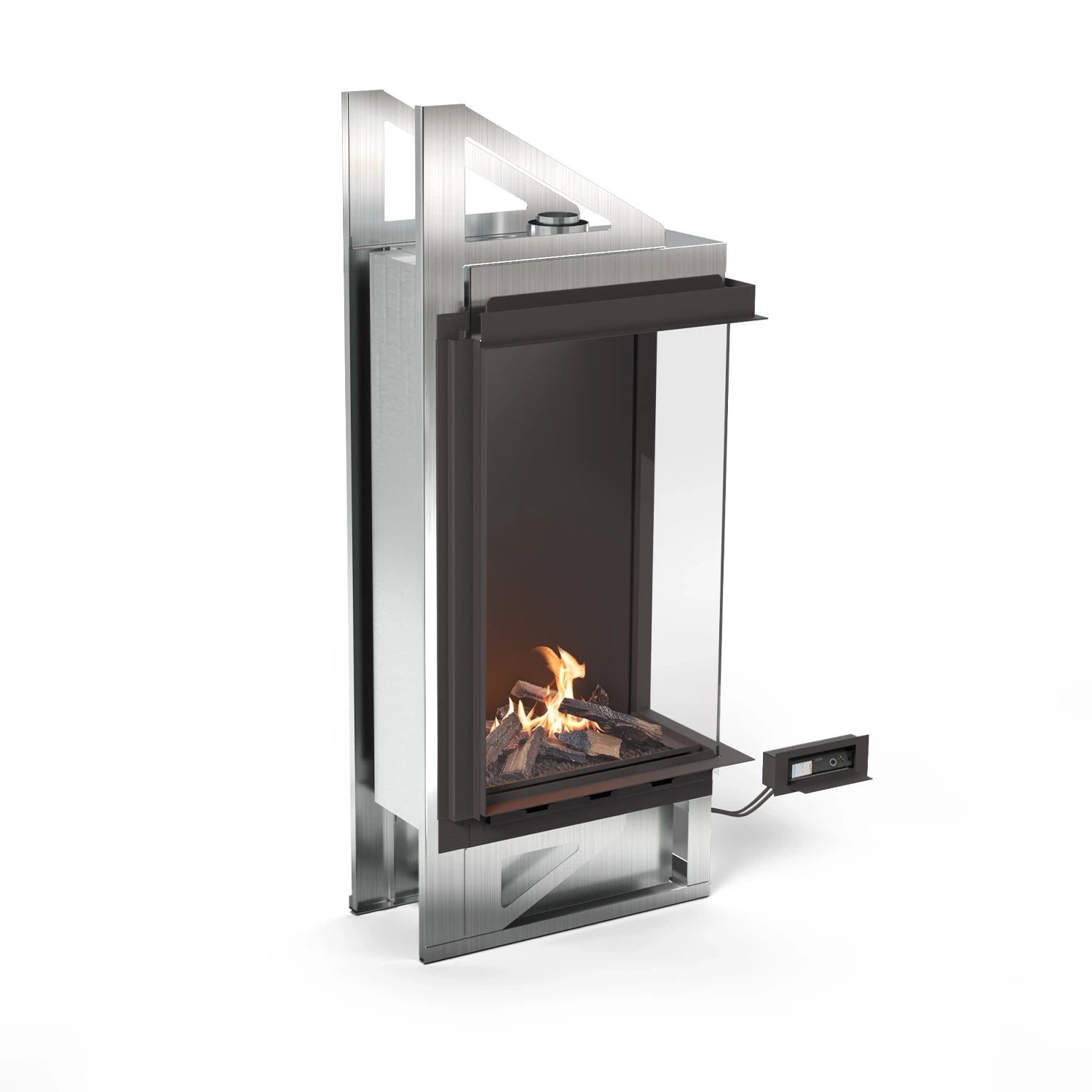 Planika Vitro Right Corner glass-enclosed bioethanol fireplace with black finish on white background