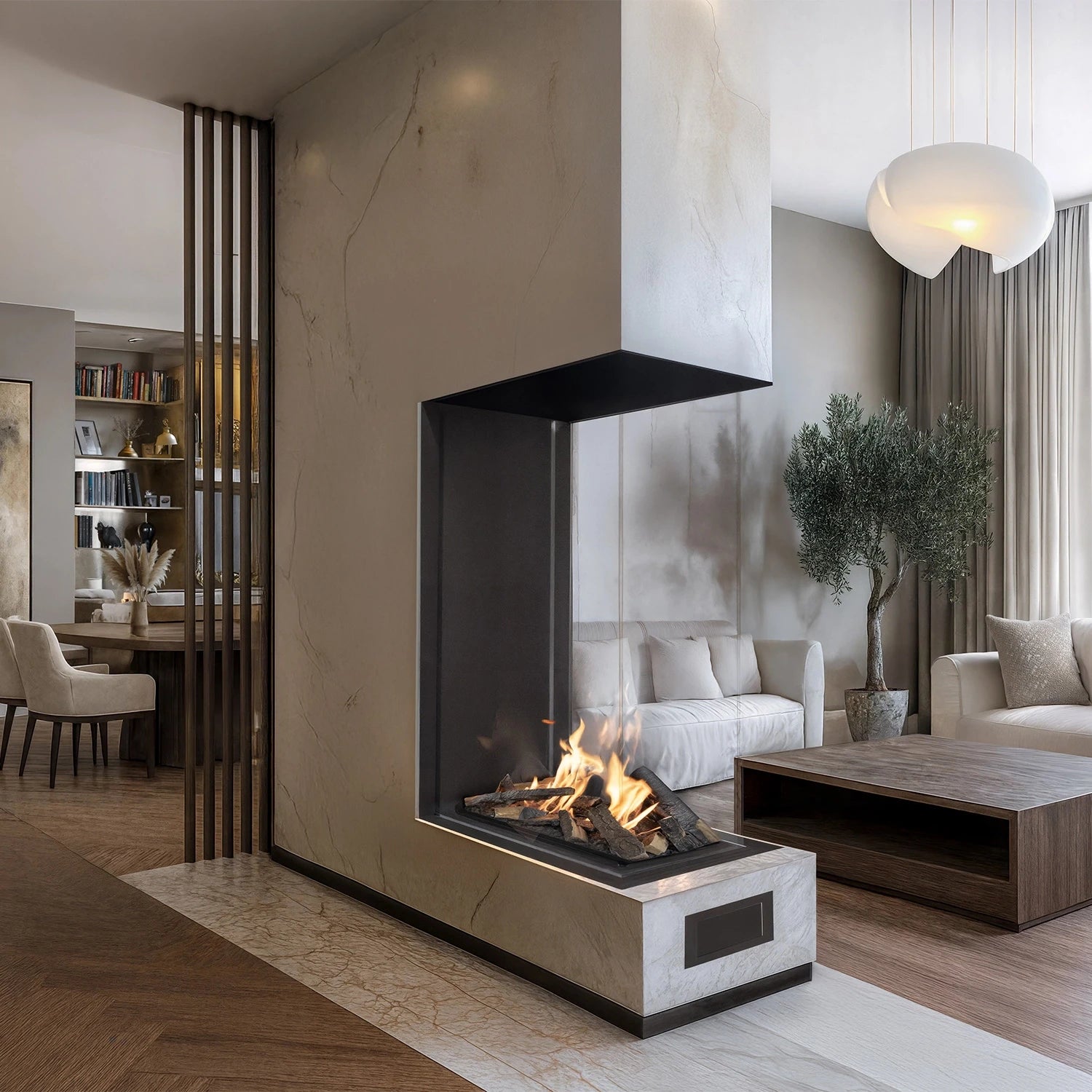 Planika Vitro Room Divider three-sided glass bioethanol fireplace with black finish on white background