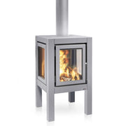 Quaruba XL Outdoor Fireplace in matte steel, designed to provide warmth and enhance large outdoor spaces like gardens and patios