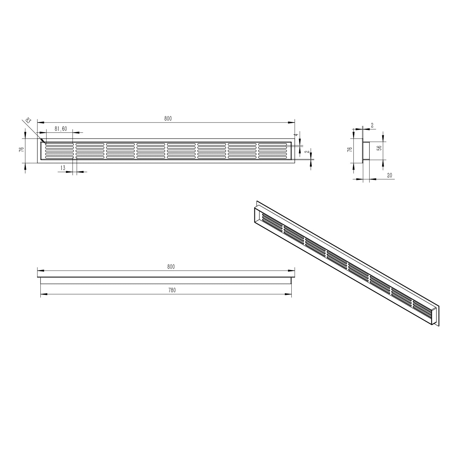 Ventilační mřížka černá – 80×7,6 cm – 210 cm²