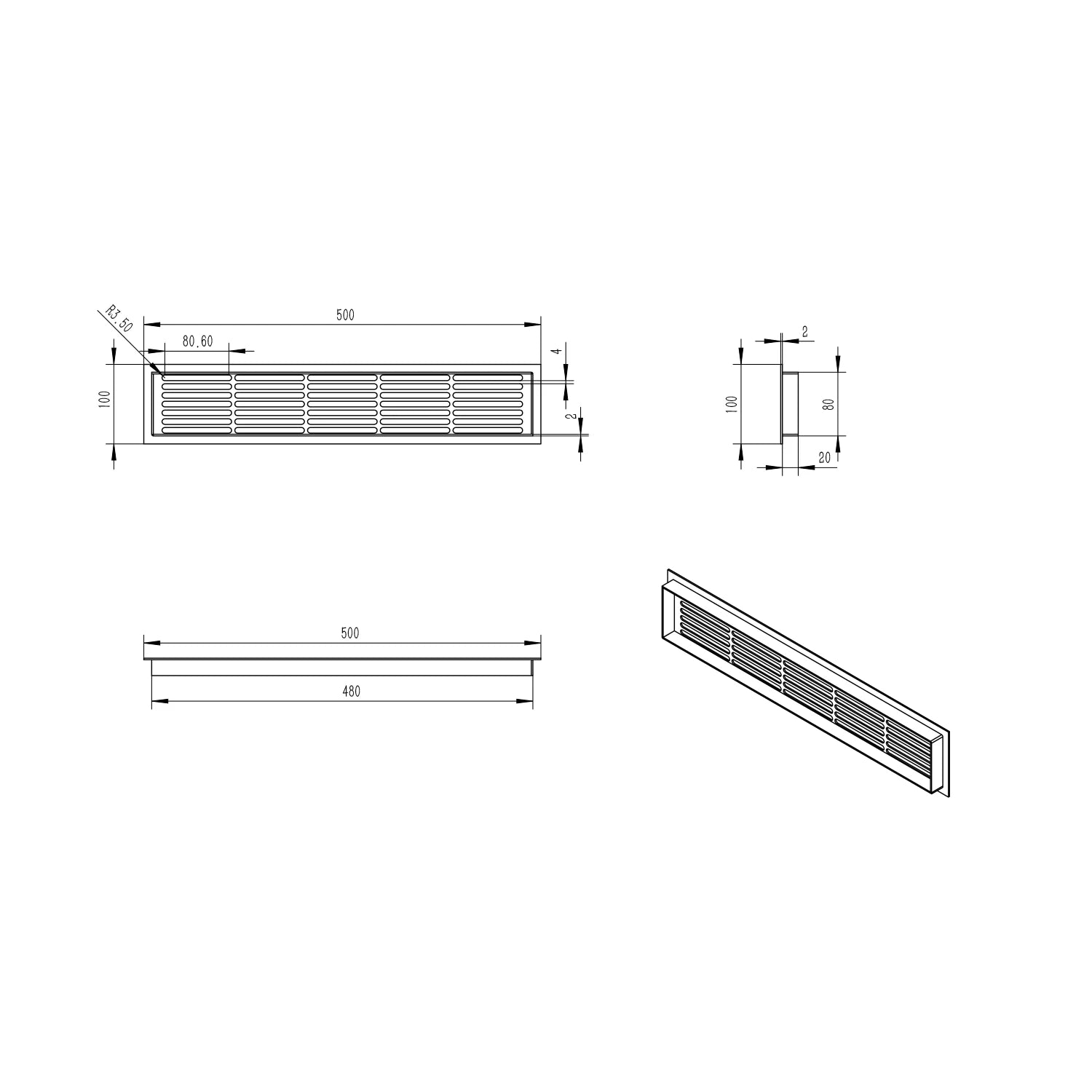 Ventilační mřížka černá - 50x10 cm - 214 cm²